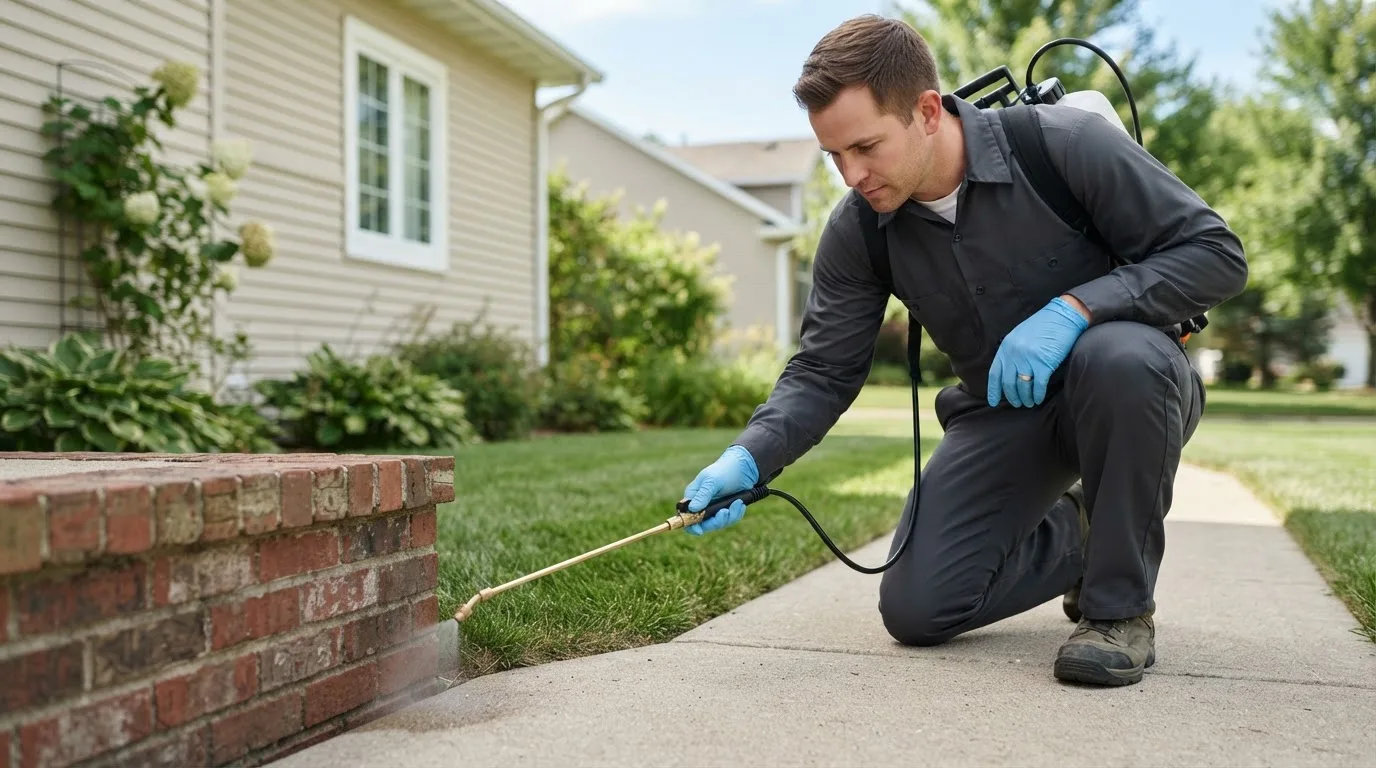 Pest control technician treating a home near San Angelo, TX